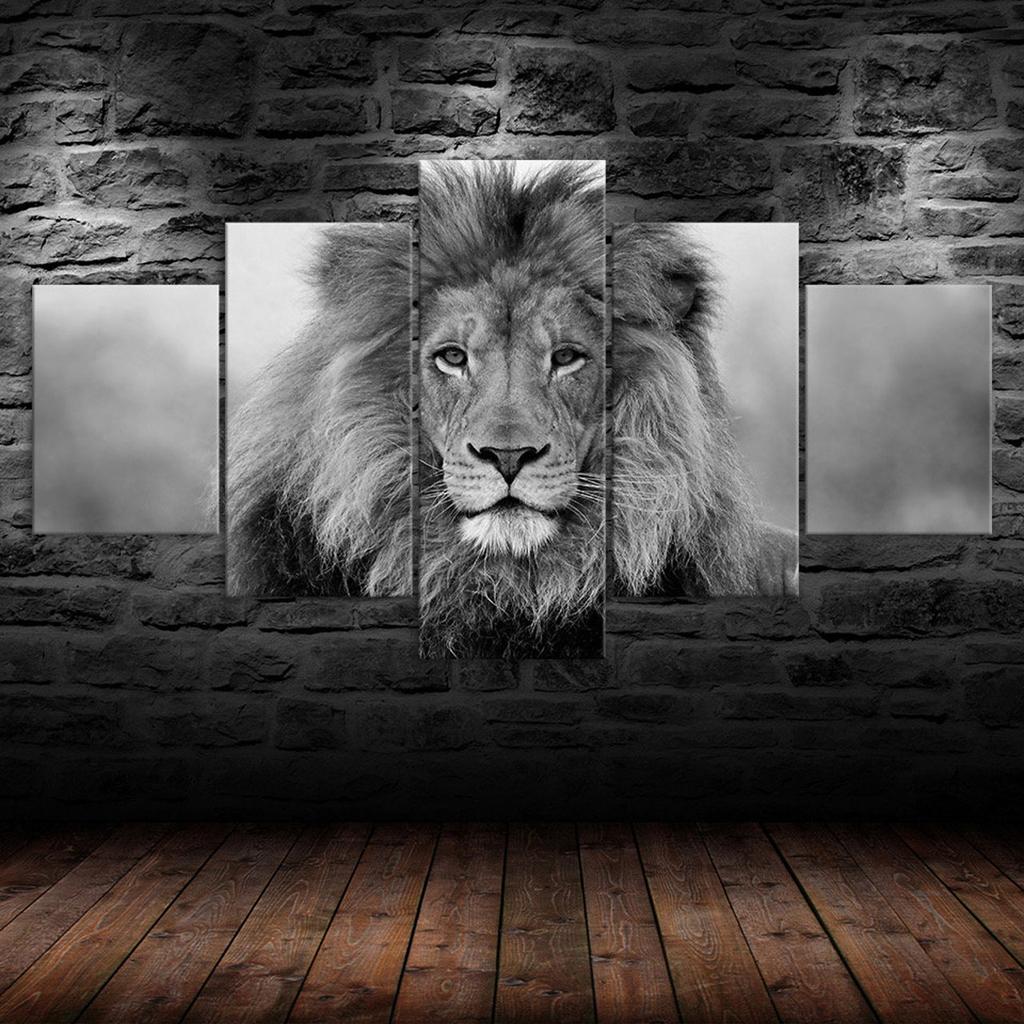 Lion Glare Black White Scene 5 Piece Five Panel Wall Canvas Print Modern Art Poster Home Decor Gift For Him For Her