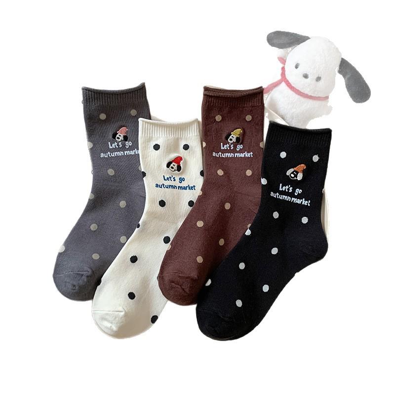 Autumn Cream Wind Cute Magician Puppy Embroidered Medium Tube Socks Polka Dot Versatile Comfortable Cotton Socks Cartoon