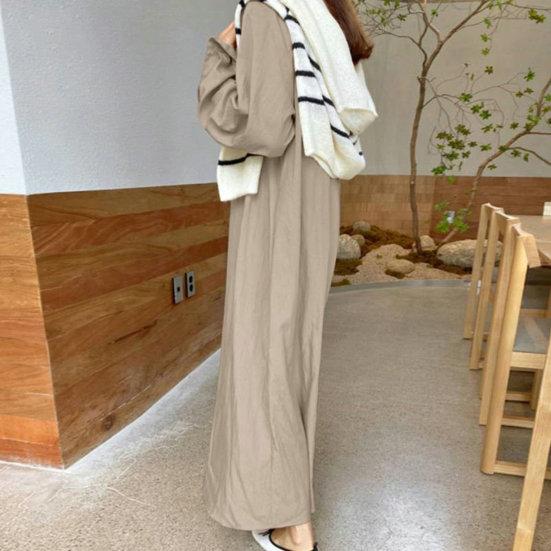 Ladies Fall Spring Dress Loose Lapel Long Sleeve Solid Color V Neck Soft