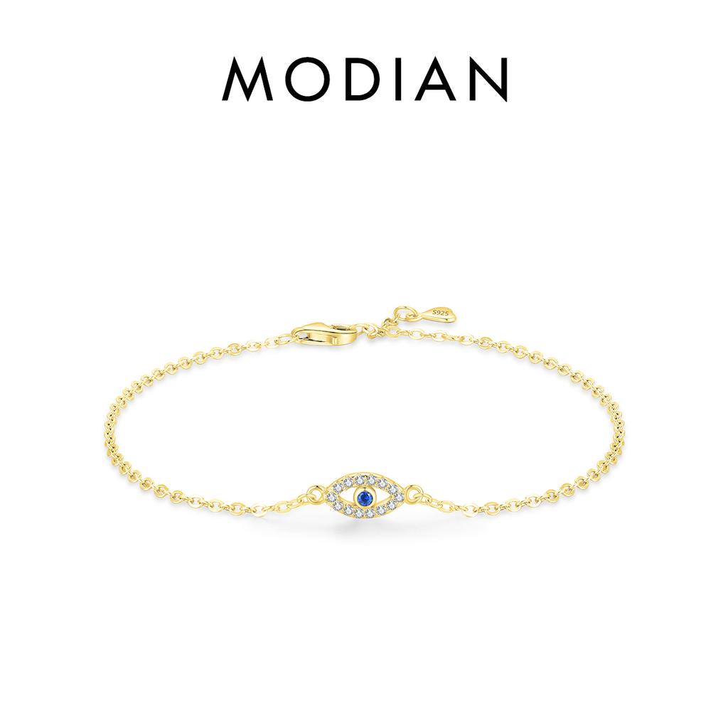 MODIAN Pure 925 Silver Luxury Turquoise Blue Eyes Clear Cubic Zircon Crystal Link Chain Bracelet For Women Fine Jewelry