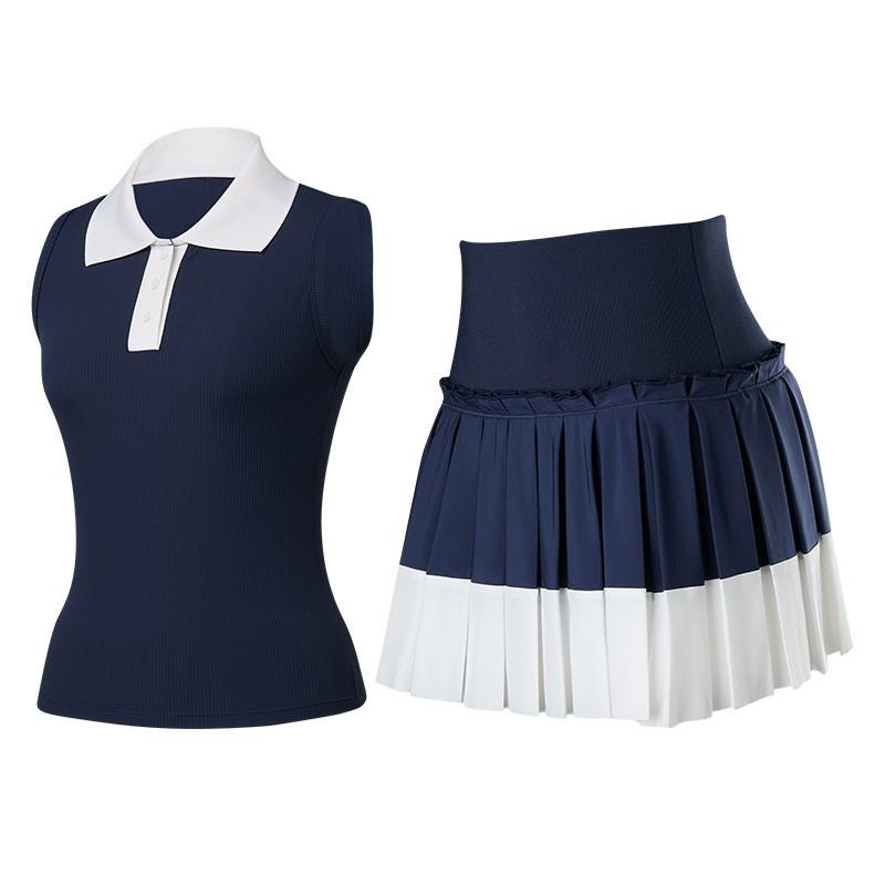 Womens Tennis Golf Polo Vest High-Waisted Pleated Skort Set Quick-Dry Sportswear Activewear