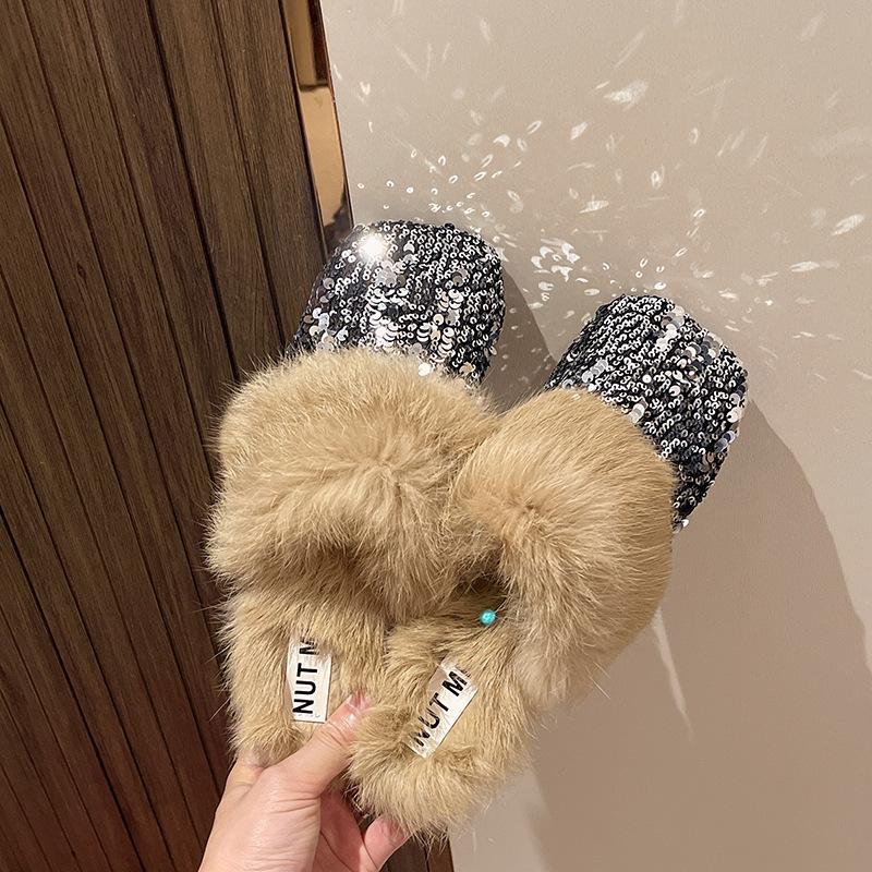 

Плюшевые тапочки для женщин, модные блестящие плоские пушистые тапочки Baotou, нескользящие женские туфли-мюли для дома и улицы, повседневная обувь 39 серебряный