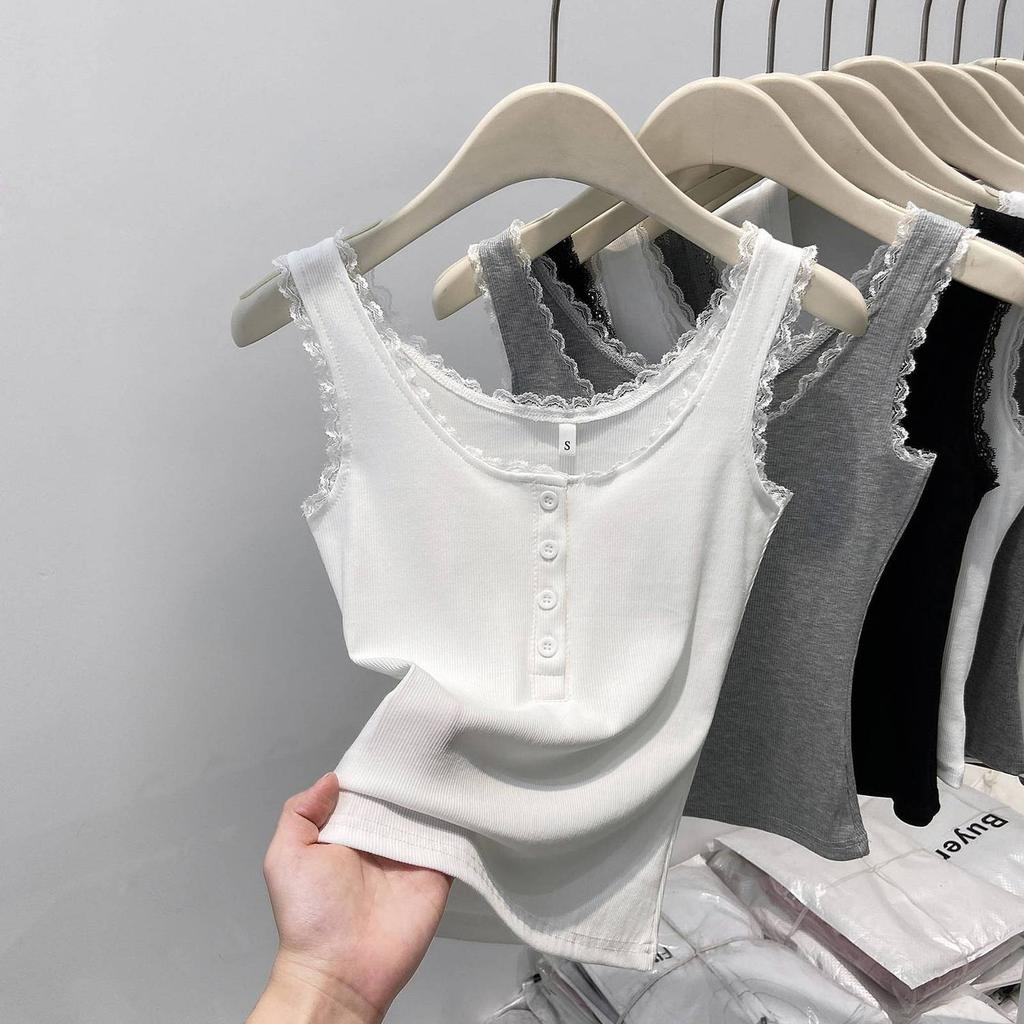 Koronkowe wykończenie, gładki prążkowany top na ramiączkach dla kobiet, wiosenny, zapinany na guziki, dekolt U, bez rękawów, dopasowany, prosty bawełniany podstawowy podkoszulek, słodkie topy Y2k