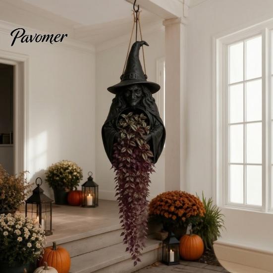 Gothic Plant Pot for Porch Halloween Hanging Planter Indoor Outdoor Use, Bat Cat Witch Raven Decorative Home Accessory Holder, Spooky Wall Mounted