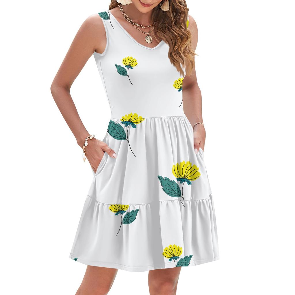 Damen Sommer Mode Lässig V-Ausschnitt Plissee Steppnaht Kleiner Blumendruck Ärmellos Westenkleid Mit Taschen