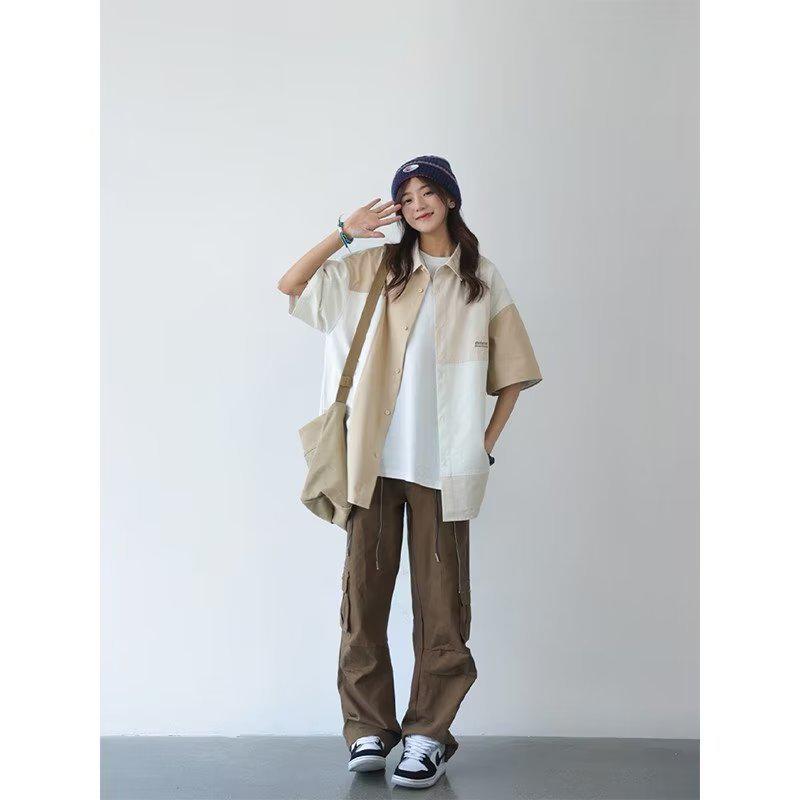 

2023 Summer Unisex Casual Loose Fit Color Block Button-Down Shirt XL