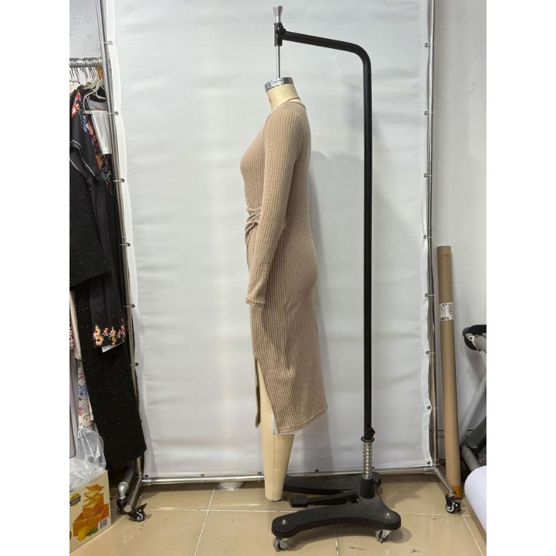 New Autumn and Winter Women's Round Neck Long Sleeve Twist Slit Solid Color Elegant Slim Dress