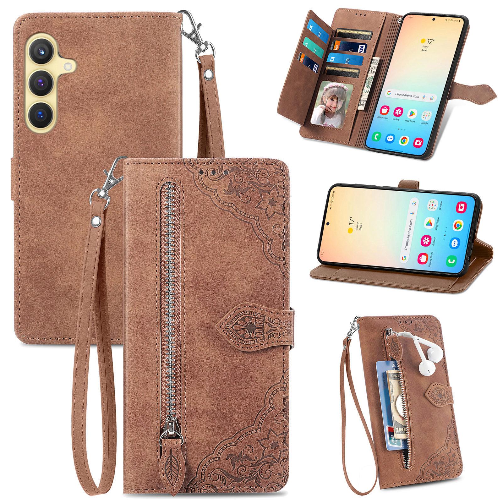 

For Samsung Galaxy S24 Zipper Wallet Case with Strap Flower Imprint PU Leather Phone Cover Brown