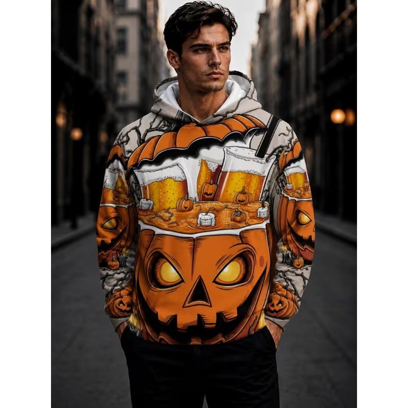 Men Halloween Hoodie Pumpkin Skull Ghost Bat Graveyard Castle Tombstone Moon Pattern Pullover Spooky Party Casual Sweatshirt
