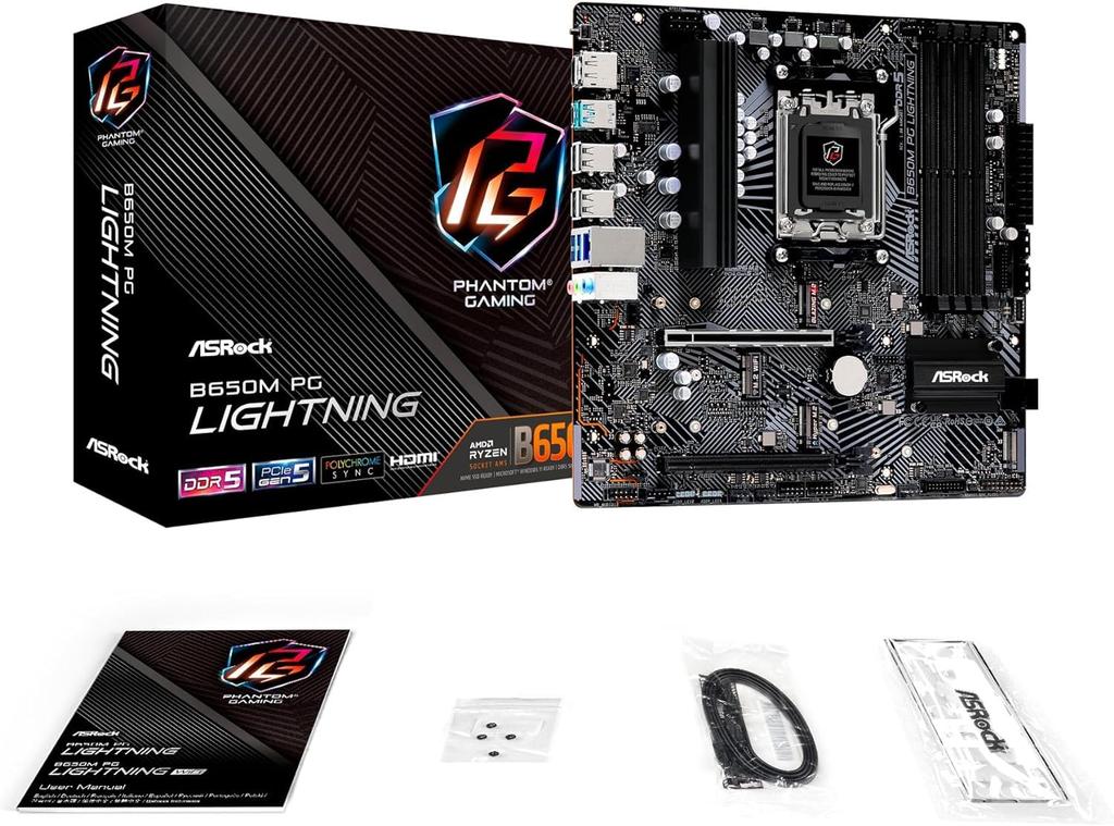 ASRock Motherboard B650M PG Lightning Compatible with AMD Ryzen 7000 Series CPU B650 Micro ATX Motherboard Authorized Distributor (Soket AM5)