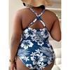 Women's Plus Size Two-Piece Swimsuit, Floral Print, Conservative Style, Cross-Back Tankini Set, Summer Beachwear