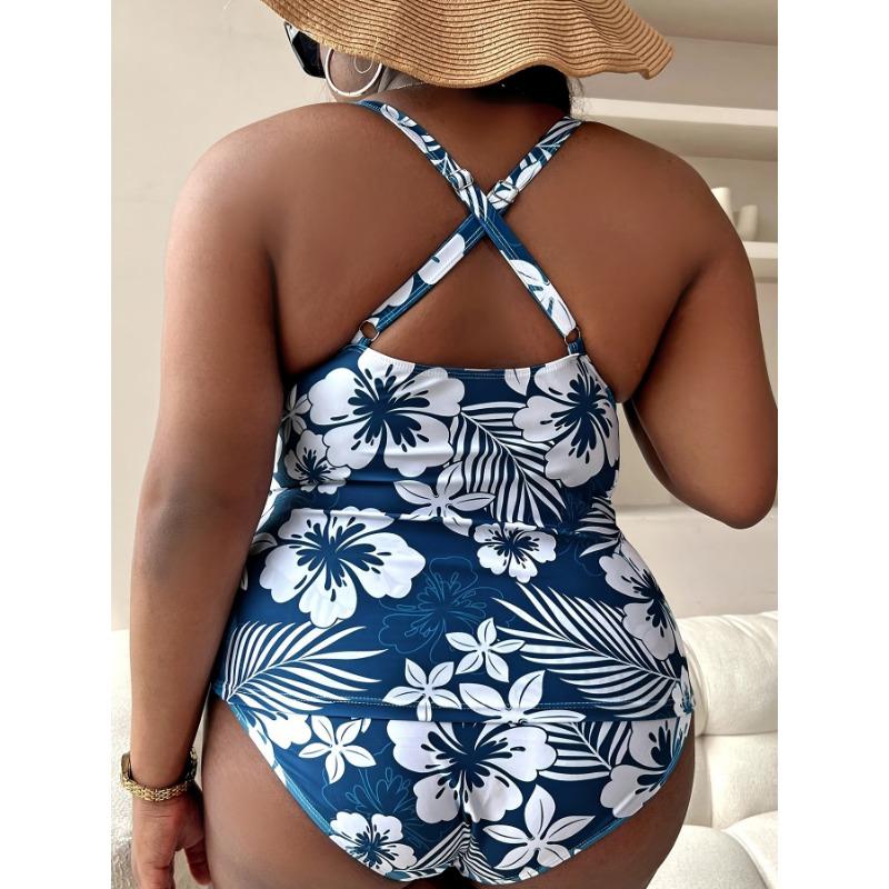 Women's Plus Size Two-Piece Swimsuit, Floral Print, Conservative Style, Cross-Back Tankini Set, Summer Beachwear