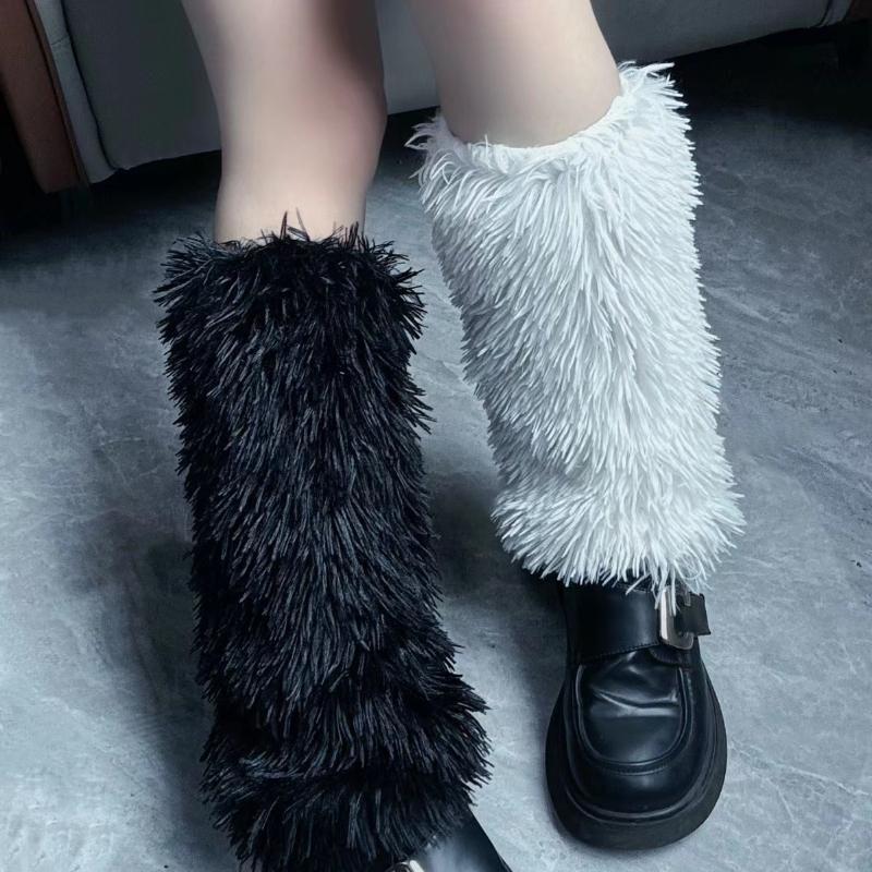 Japanese White Faux Fur Leg Warmers Boot Covers Y2K Goth Solid Leg Socks Punk Jk Knee-length Hiphop Hotgirl Fashion Warm Sock