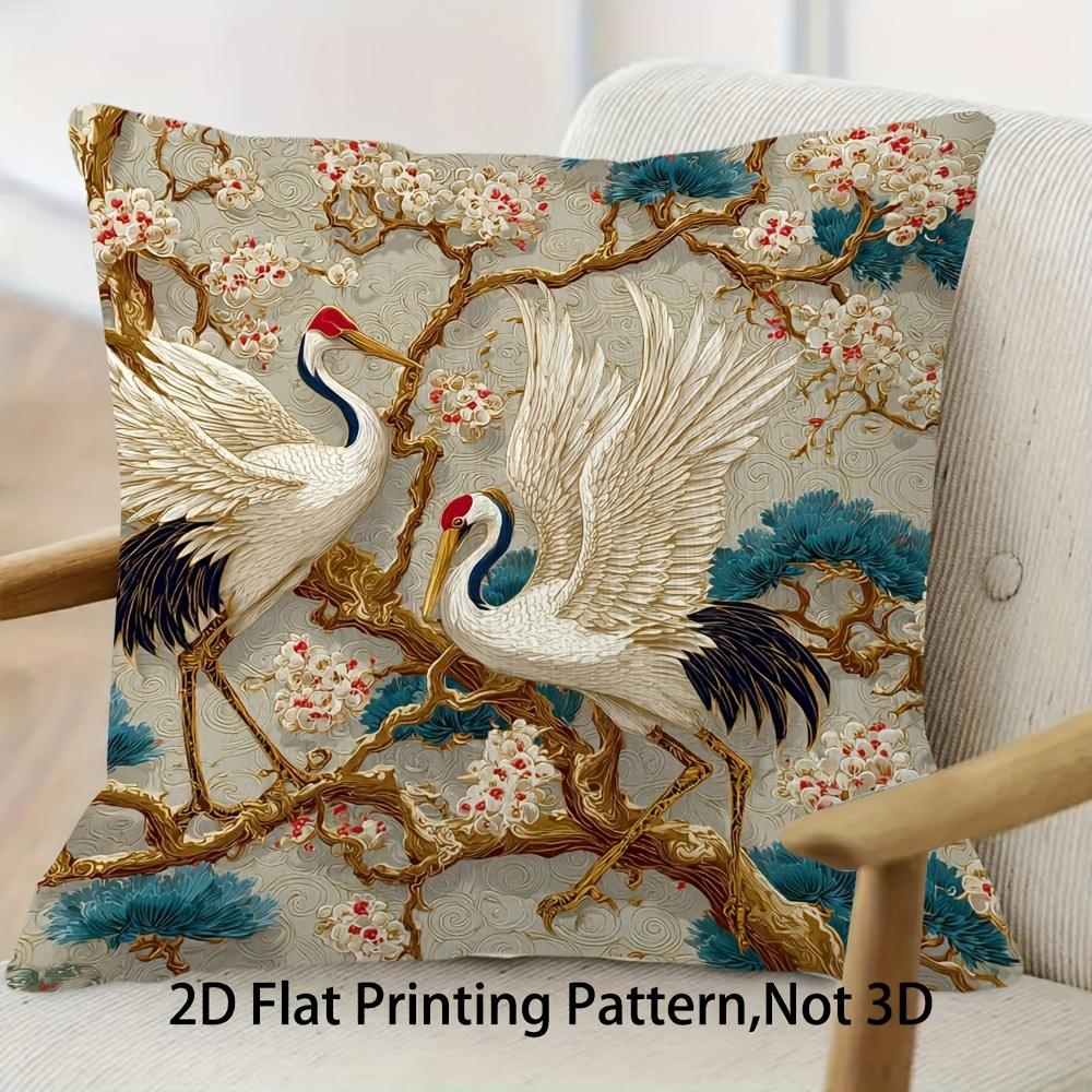 2D Flat- Vintage Chinese Style Red Crowned Crane And Plum Blossom Square Throw Pillow Case Home Decor Cushion Cover