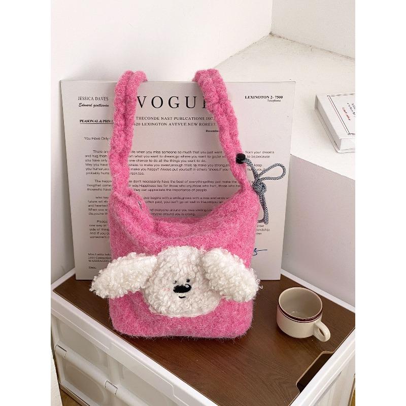 Cute plush puppy crossbody bucket bag autumn and winter girl's heart sweet lamb wool shoulder bag niche design female