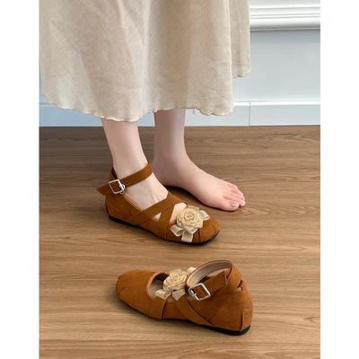 Sheepskin New Chinese Retro Leather Flower Ballet Shoes Women's Inner Height Increase French Shallow Mouth Single Shoes Women's Mary Jane Shoes