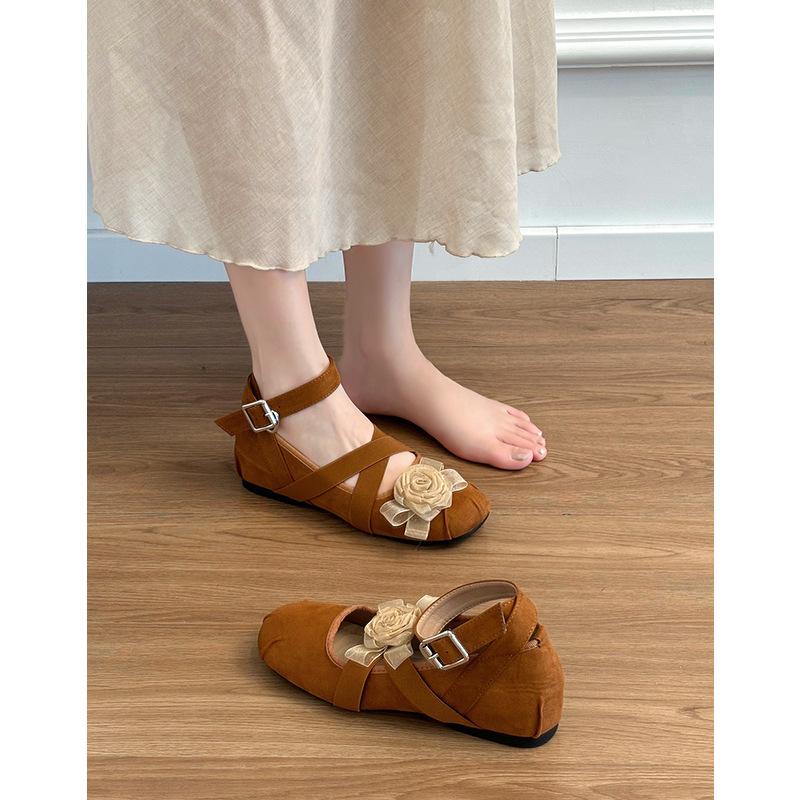 Sheepskin new Chinese retro leather flower ballet shoes women's inner height increase French shallow mouth single shoes women's Mary Jane shoes