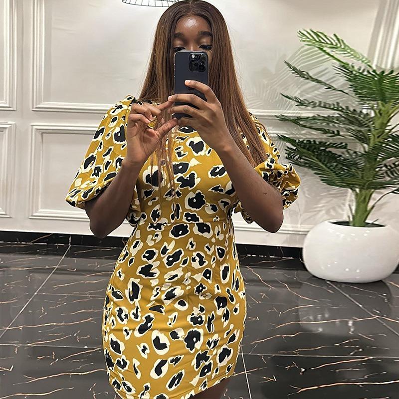 Women's Fashion Sheath Dress Printed Lantern Sleeve Dress Shoulder Pad Midwaist Street Bag Hip Dress