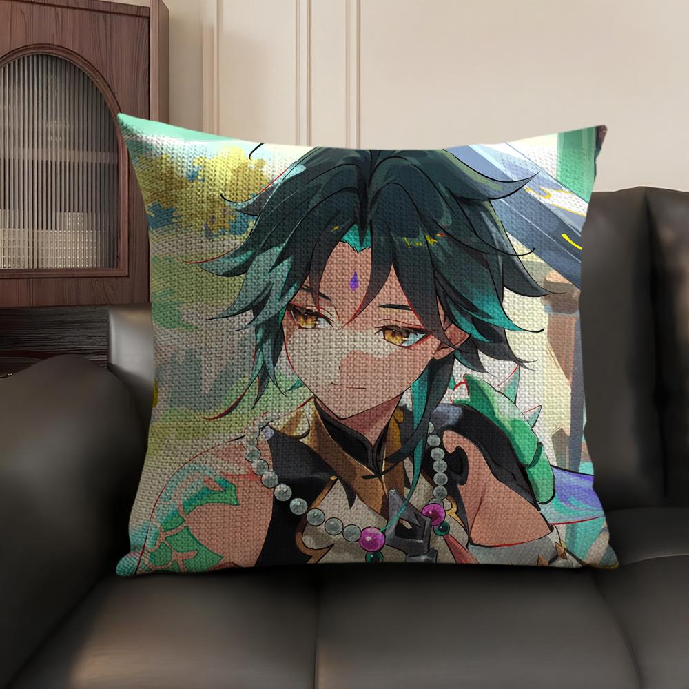 Xiao Genshin Impact Cute Cushion Cover Natural Linen Organic Fabric DoubleSided Printing Sofa Home Decor Gift Pillow Case