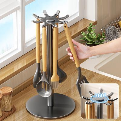 Kitchen Utensil Stand: Rotating Storage Hanger With 8 Hooks,for Countertop Organization Rotatable Cooking Utensils Holder
