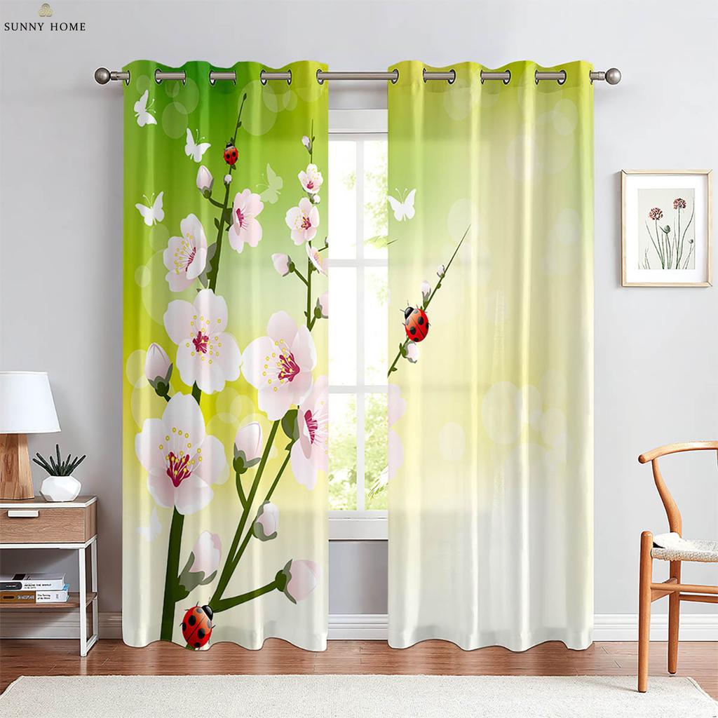 Window Curtains Floral Butterfly Print Curtains Pastoral Style Bedroom Living Room Kitchen Decorative Curtains 2 Pieces