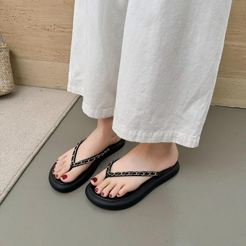 fashion Summer New Women's Flip-flops Outdoor Flat Beach Slippers Women Shoes Chain Non-Slip Women Soft Bottom Slippers Zapatos De Mujer