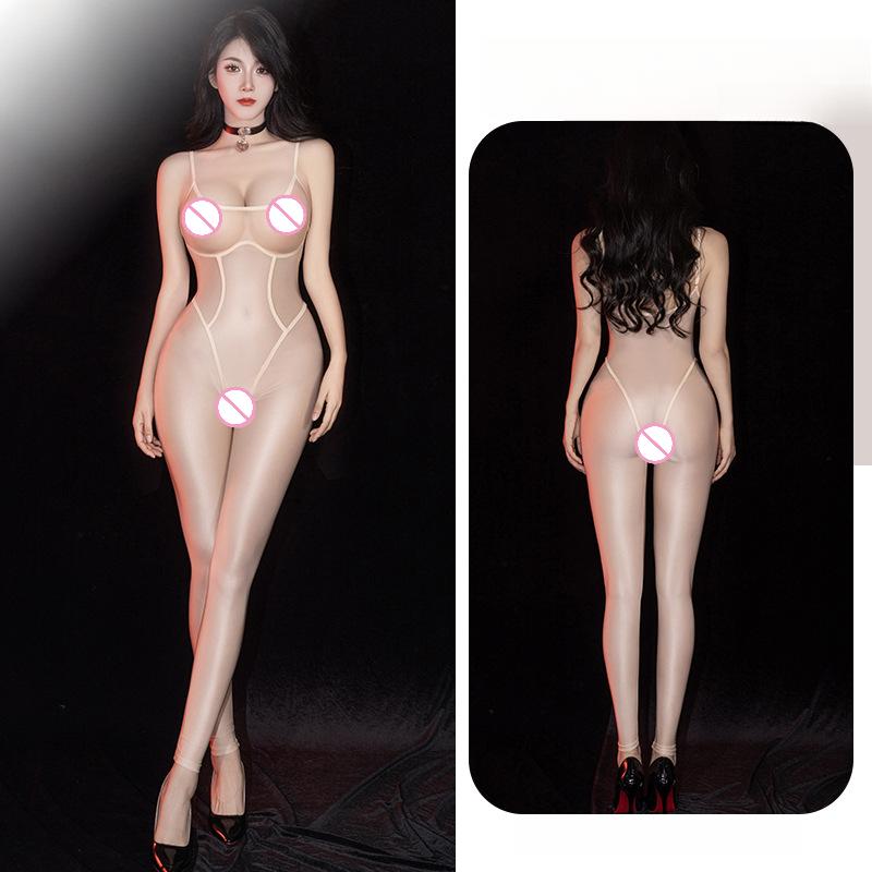 Women Sexy Jumpsuit Lingerie Oil Shiny Glossy Transparent Role-Playing Tight Stockings Elastic Bodyshaper Night Club Wear