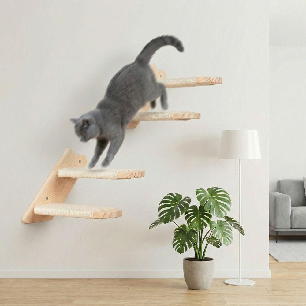 Wooden Cat Climbing Shelf Space Saving with Cushion Sisal Rope Cat Stairs Wear Resistant Wall Mounted Cat Hammock Claw Grinding