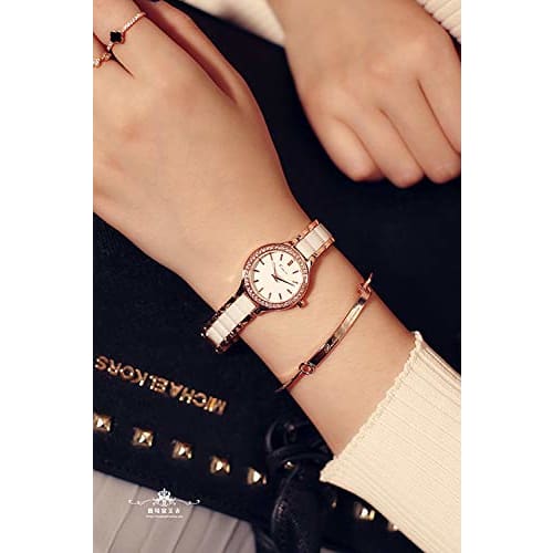 KIMIO K6121 Women's Simple Watch with White Ceramic and Rose Gold Band and Diamond Dial