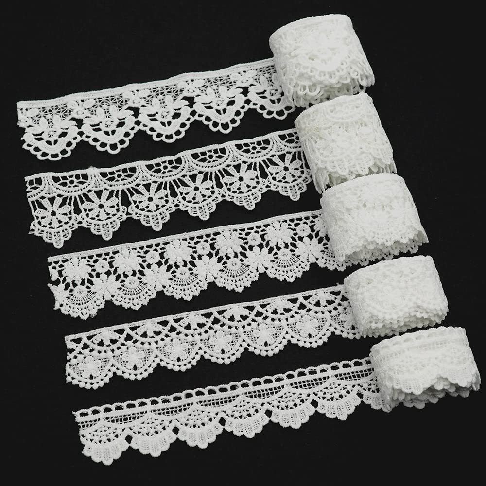 

Sempiterno 5-Style Trendy White Mini Floral Lace Fabric Milk Silk Hair Ornament Embroidery Lace Thread Approx. 1m Wedding Home Textile DIY Decoration