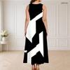 Women Plus Size Sleeveless Round Neck Triple Keyhole Cutout Black White Printed Maxi Dress