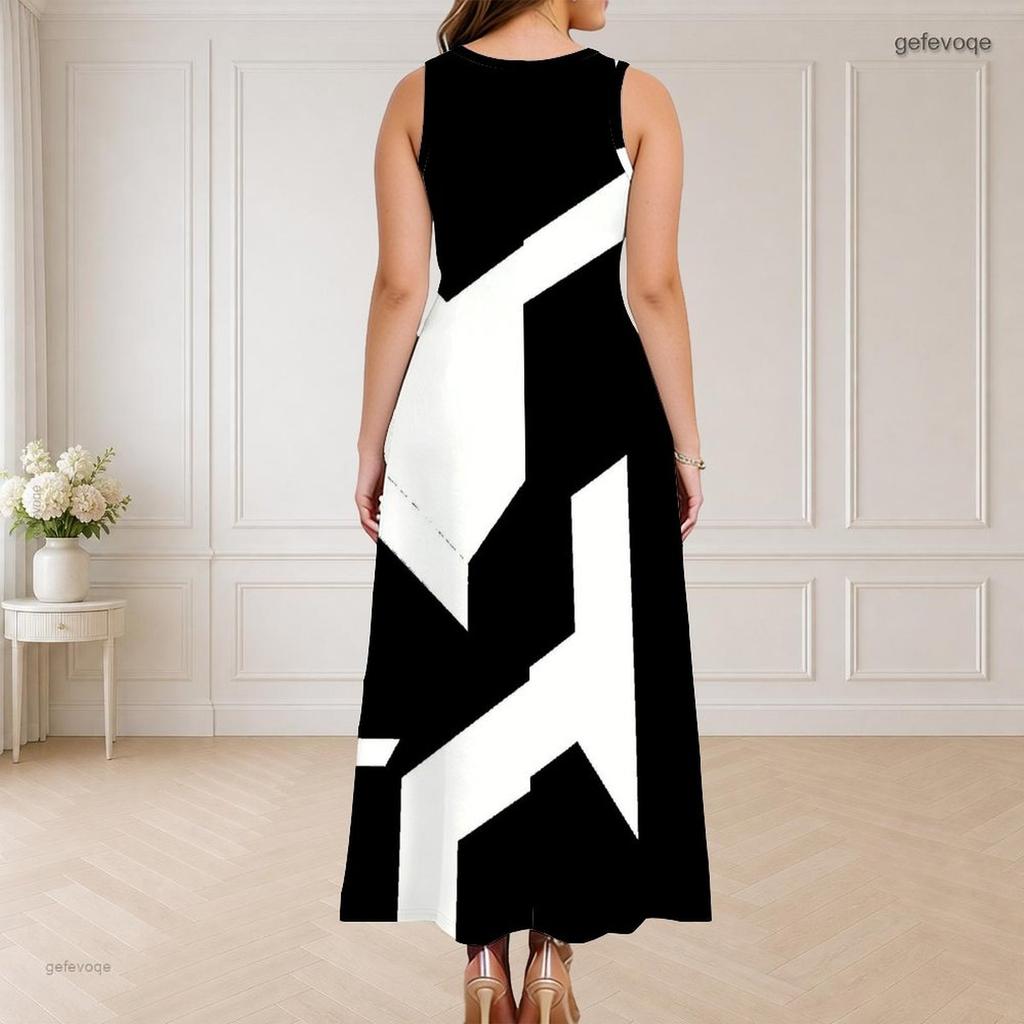 Women Plus Size Sleeveless Round Neck Triple Keyhole Cutout Black White Printed Maxi Dress
