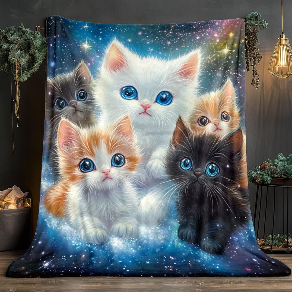 Cute Kittens In Galaxy Space Design Plush Soft Flannel Blanket for Kids and Cat Lovers Dreamy Starry Night Bedding Decoration