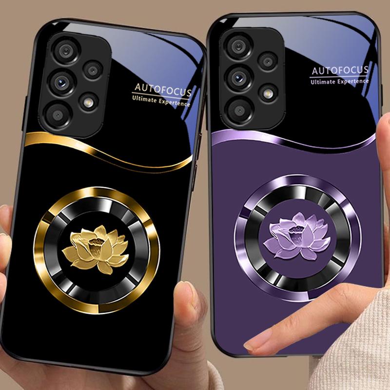 Circle Lotus Gold For Samsung Galaxy S 8 9 10 20 Plus 21 FE 22 23 24 Ultra S7 Edge Black Tempered Glass Phone Case Hard Shell