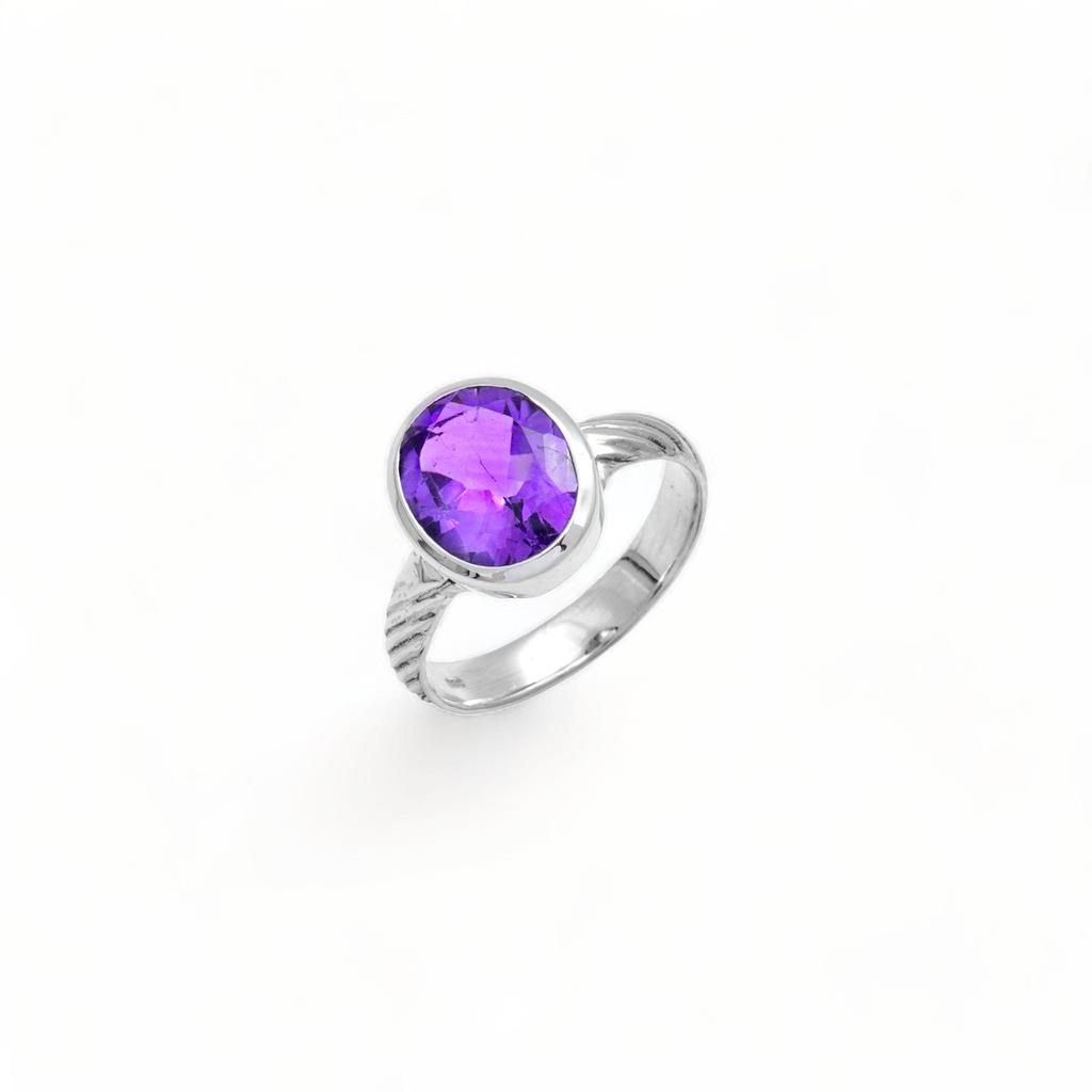 925 Sterling Silver Unisex Ring with Faceted Amethyst – Bold Round Cut Statement Ring for Everyday & Spiritual Wear