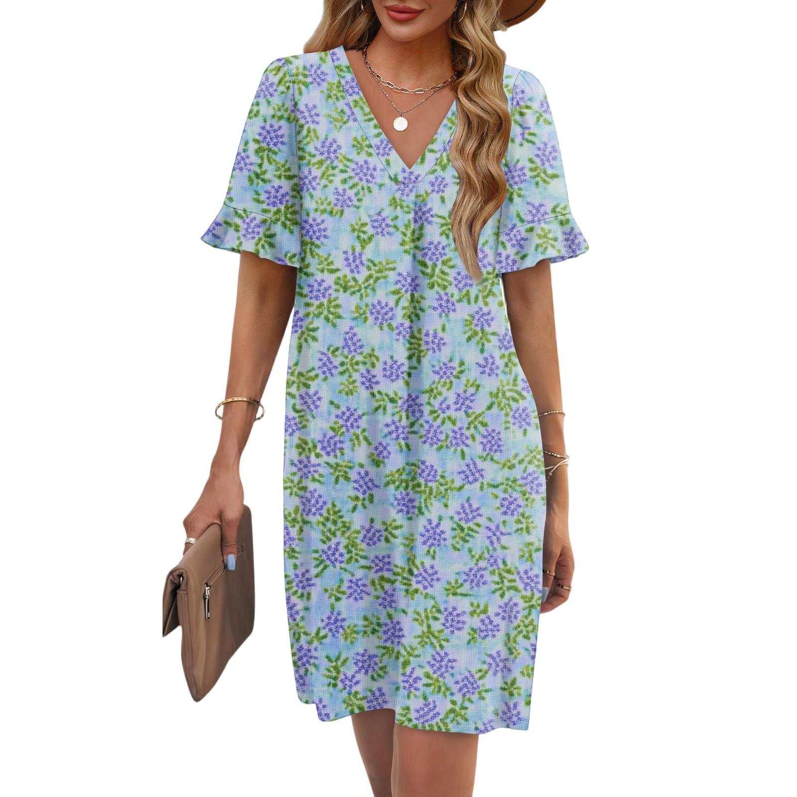 Women s Summer Floral Print Dress Pleated Short Sleeve V-Neck Pocket Casual Dress M