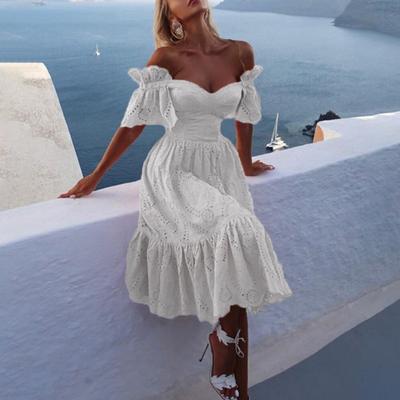 Midi Dress Hollow Out A-Line Sexy Flat Shoulder Waist Tight Party Dress Dating Wear