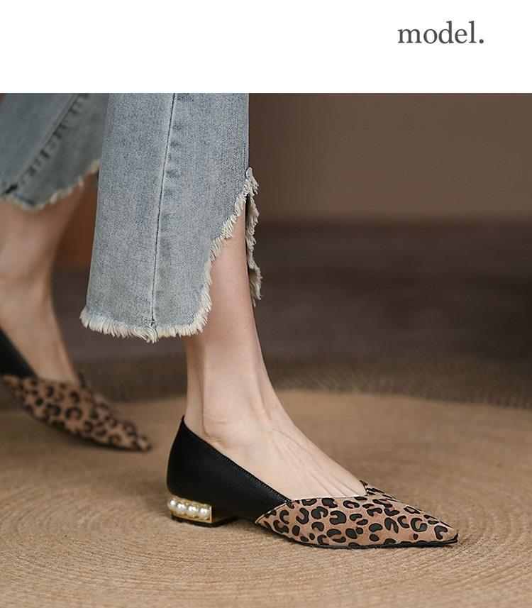 Fashion 2024 New Fashion Low Heel Pumps Flats Pointed Toe Cow Leather Women's Shoes Patchwork Leopord Casual Dress