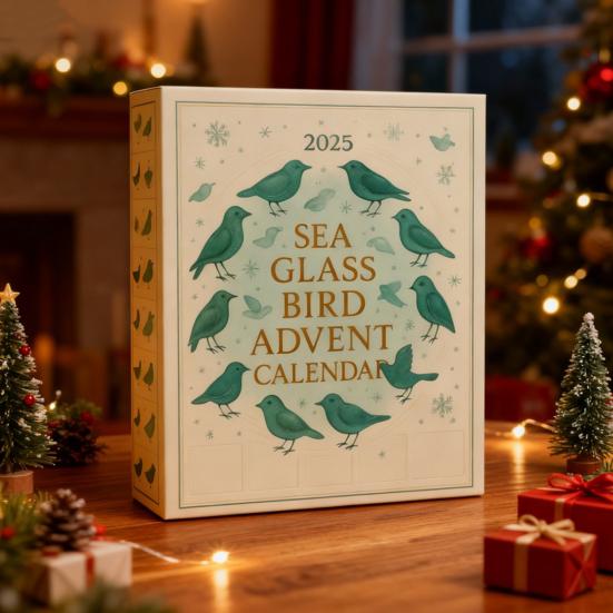 Meeresglas Vogel Adventskalender 2025 24-Tage Weihnachts-Countdown-Box mit Acryl-Vogelornamenten Einzigartiges Weihnachtsgeschenk für Naturliebhaber