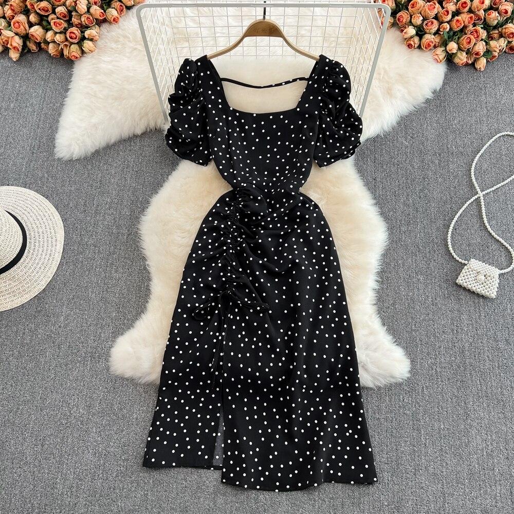 Seaside Holiday Backless Super Sexy Square Collar Slim-fitting Sleeved Mid-length Split Dot Dress