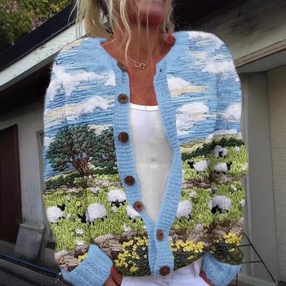 European Style 3 D Print Cardigan Knitted Jacket Spring and Fall Women 7 Sweater