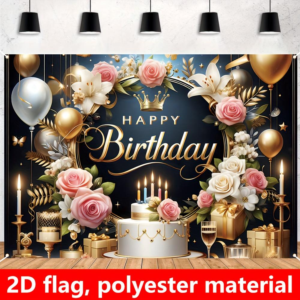 1 Piece, Elegant Birthday Flag, Floral and Gold Design, with Cake, Gift and Candle, Birthday Party Decoration
