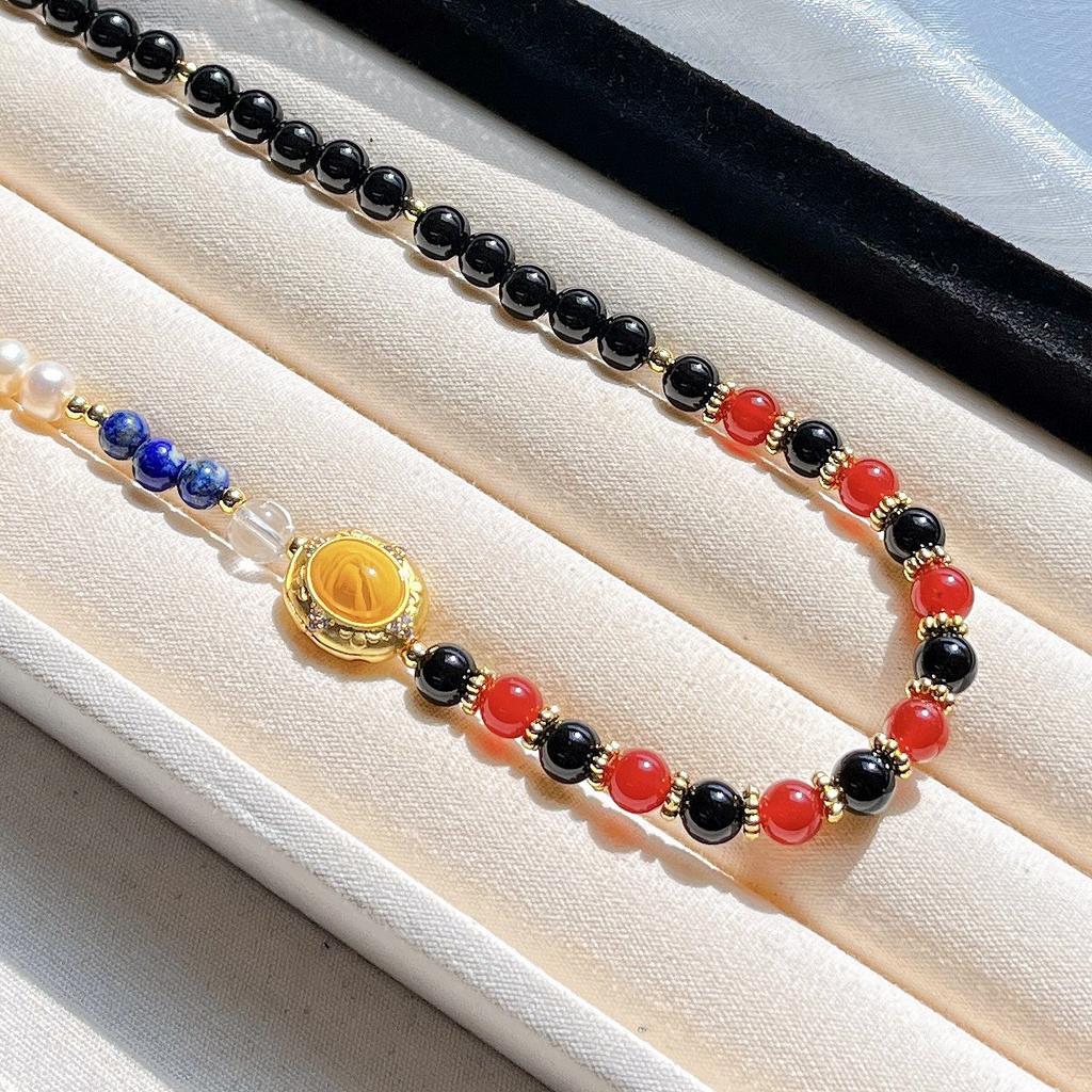 Wind 6mm Autumn and Winter Natural Carnelian Black Agate Freshwater Pearl Lapis Lazuli Sweater Chain Necklace Clavicle Chain