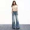 Frühling Sommer Niedrige Taille Slub Stretch Vintage Helle Farbe Gerade Leichte Schlag Jeanshosen Für Damen Freizeit Hosen Übergröße Jeanshosen