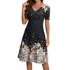Women Short Sleeve A-Line Dress V-Neck Floral Print Knee-Length Dress Midi Beach Dress