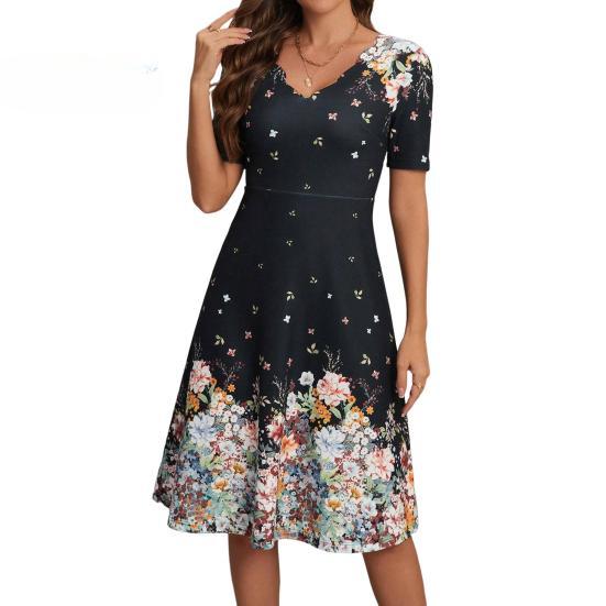 Women Short Sleeve A-Line Dress V-Neck Floral Print Knee-Length Dress Midi Beach Dress