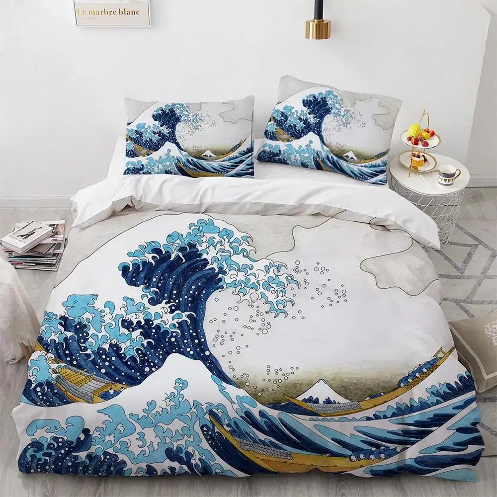 Sada povlaků na přikrývku Wave Vzor Hokusai Japonský povlak na přikrývku Ukiyoe Orientální styl náčrtu Ocean Queen Twin Polyesterová sada povlečení