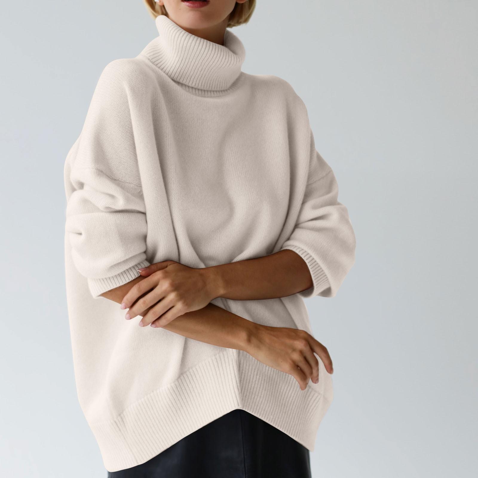 

Женский свитер с высоким воротником, однотонный свободный джемпер с длинными рукавами, вязаный свитер, мягкий пуловер L бежевый