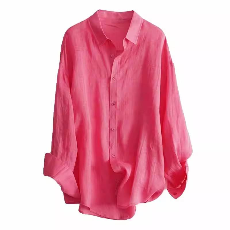 Jarní a letní tenká růžová košile s ochranou proti slunci dámská volná košile s dlouhým rukávem ležérní