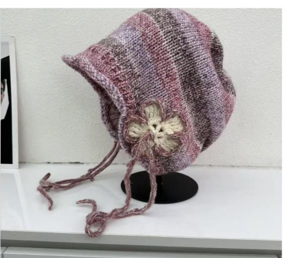 New gentle wind lace-up flower knitted hat women's big head circumference shows face small spring and summer sun protection breathable wool hat